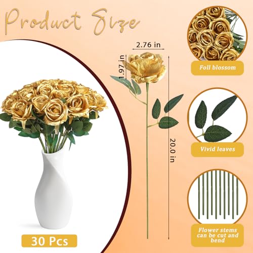 30pcs Fake Roses Artificial Silk Flowers Long Stems Bouquet for Wedding Bridal Shower Party Home Decoration (Gold) - color: Gold