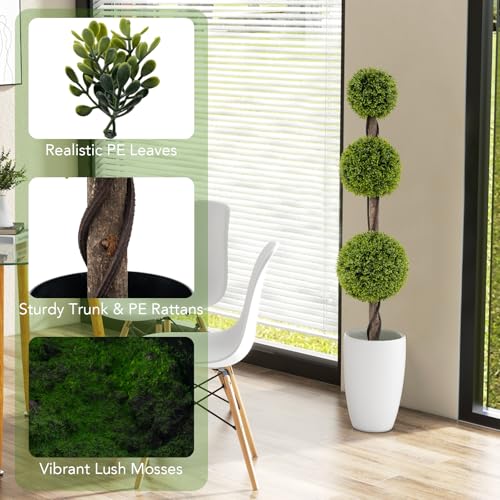 GOFLAME Artificial Boxwood Topiary Tree, 4FT Faux Triple Ball Topiary Tree in Cement-Filled Pot, Fake Boxwood Plant Potted with Rattan Trunk for Home Porch, Indoor Outdoor Use, 1 Pack - size: 4ft