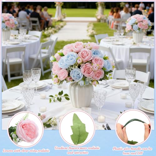 Geosar 8 Bundles Artificial Peonies Flowers Fake Silk Peony Bouquet Faux Peonies Flowers Bulk for Decoration Vase Floral Arrangements Wedding Party Table (Light Pink,Light Blue) - color: Light Pink, Light Blue