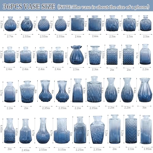 36Pcs Bud Vases Set Small Vintage Glass Bottles Bud Vases in Bulk Multiple Shape Cute Glass Vases for Rustic Wedding Centerpieces Table Decorations and Home Decor(Blue) - color: Blue