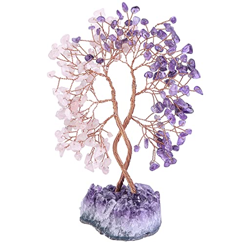 Healing Double Trunks Crystal Tree with Natural Amethyst Base, Feng Shui Money Bonsai with Positive Energy Wedding Home Decor for Wealth and Luck, Amethyst & Rose Quartz - color: Purple&pink