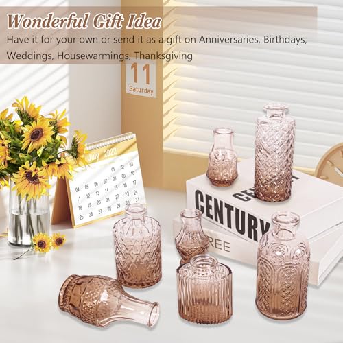 Set of 40 Glass Bud Vases, Small Amber Glass Vases in Bulk, Mini Vintage Embossed Flower Vase for Wedding, Centerpieces, Birthday Party, Baby Shower, Home Table Decorations (Amber) - color: Amber