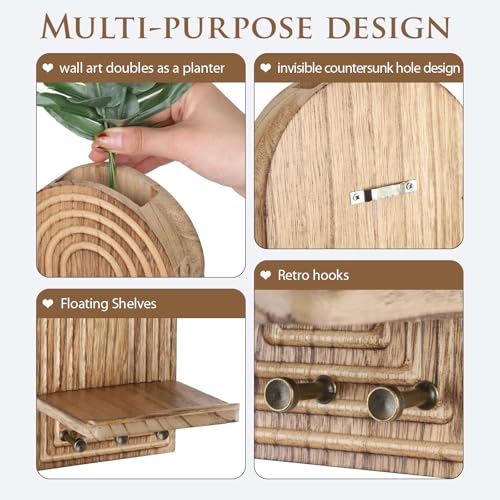 3-in-1 Wooden Wall Organizer - Planter Vase + Candle Sconces + Hooks (No Dried Flower)- Farmhouse Hanging Decor Boho Wall Art for Indoor Plants Artificial Eucalyptus for Living Room Bedroom Nature - color: Nature