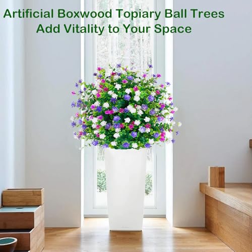 Artificial Boxwood Topiary Ball Tree Outdoor Set of 2,UV Resistant Fake Topiary Balls Flowers with Spike, Realistic Faux Shrubs Plants Bushes Greenery for 4th of July Porch Outdoor Planter D15.8 - color: White+purple