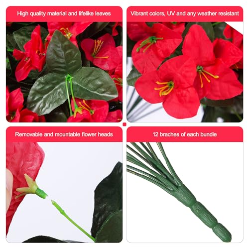 Faux Bougainvillea Artificial Flowers for Outdoors Summer Outside Decor, 4 Bundles Red Fake Bougainvillea Silk Outdoor Flowers Plants UV Resistant Look Real for Porch Patio Window Planter Garden Home - color: Red