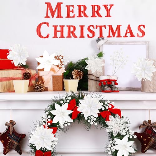 Sggvecsy 30 Pcs 3 Styles Christmas Glitter Poinsettia Flowers Artificial Berry Picks Christmas Tree Ornaments Artificial Christmas Flowers with Clips for Xmas Wedding Wreath Floral Decorations(White) - color: White
