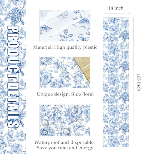 3 PCS Blue Floral Table Runner 14 x 108 Plastic Flower Table Runner for Party Birthday Baby Shower Bridal Shower Wedding Disposable Table Runners - color: Blue Floral Table Runner, size: 3 PCS