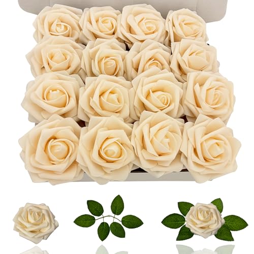 Artificial Roses Flowers 16Pcs Real Touch Roses with Stem Foam Fake Roses for DIY Wedding Bouquets Centerpieces Arrangement Party Baby Shower Home Decorations (Champagne) - color: Champagne