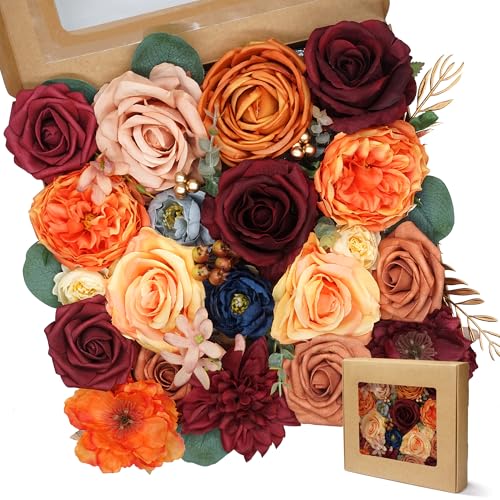 Champane and Red Artificial Flowers Combo Silk Mix Fake Flowers with Stem for DIY Wedding Arch Bridal Bouquets Baby Shower Centerpieces Party Wall Home Decorations - color: Orange&red