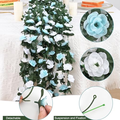 MARTINE MALL Flower Garland - 5 Strands 41Ft Rose Vines for Bedroom Decor, Blue and White Rose Floral Garland for Room Birthday Wedding Party Garden Wall Decor - color: Blue and White, size: 5 Packs