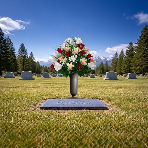 Sympathy Silks Artificial Cemetery Flowers - Grave Decoration - Red Tulips and White Iris (1) Bouquet (1) Vase - color: Red/White, size: (1) Bouquet (1) Vase