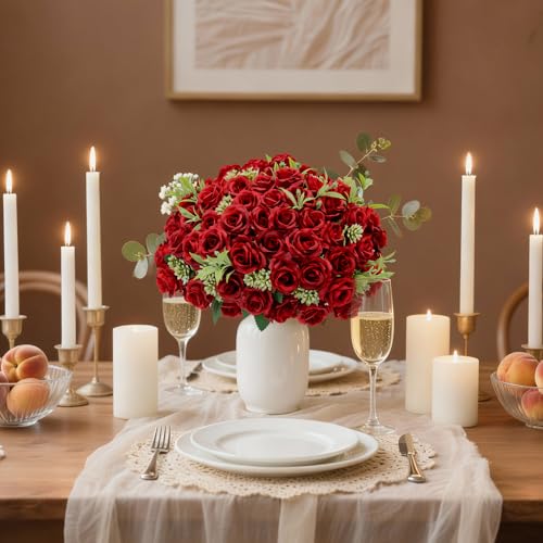 8 Pack Rose Artificial Flowers Bouquet, 10 Small Silk Rose Heads Per Pack, Fake Roses Bunches for Wedding Table Centerpieces Bridal Bouquet Mother's Day Valentine's Day Home Decor, Red - color: Red