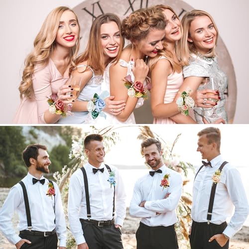SITUMEIZI 2Pcs Corsage and Boutonniere Set Wrist Corsage Bracelets and Boutonniere for Men Wedding Prom Party Suit Decor (Pinkish Orange) - color: Pinkish Orange