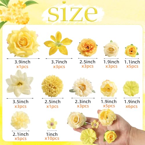 rongflower Fake Flower Heads for Crafts - Yellow Silk Artificial Roses, Peonies, Daisies & Mini Floral Heads Bulk (48-Pack) for Wedding Decor, Graduation Cap, Cake Topper, Baby Shower, Home Decoration - color: Yellow