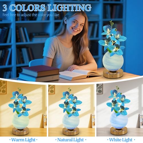 Flower Table Lamp, 3 Colors Orchid Night Light, Cordless Touch Dimming Artificial Flower with Vase Lamp, LED Desktop Decorative Landscape Lights for Festival Party Home Decor (Blue Orchid) - color: Blue Orchid