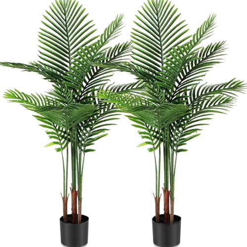 Jexine 2 Pack Artificial Palm Trees 4Ft, Fake Plants Fake Trees Artificial Areca Palm Plants for Outdoor Indoor Faux Palm Tree in Pot for Pool Home Decor Office Housewarming Gift Modern Decoration - size: 4 feet