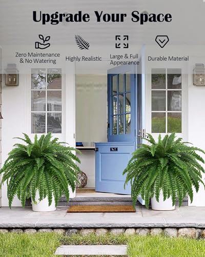 GYERB 48" Large Artificial Boston Fern Plants for Outdoor Indoor, Fake Ferns for Front Porch Hanging, Faux Greenery Bushes for Home Garden Office Decor, Silk Fern with Realistic Fronds, 88 Branches - size: 47“-88 Leaves
