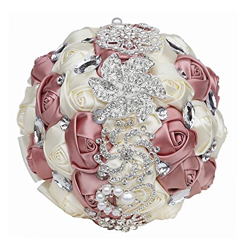 Wedding Bouquets Crystal Satin Rose Bride Bridal Bouquet Romantic Bridesmaid Holding Flower for Valentine's Day Confession Party Church Decor (Pale Pink Creamy) - color: Pale Pink Creamy
