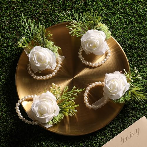 Garisey 4pcs Wedding White Rose Wrist Flowers Artificial Rose Flowers for Ceremony Prom Party Accessories (4 Wrist Corsage White) - color: 4 Wrist Corsage White