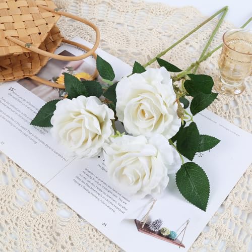 Velvet Rose Artificial Flowers 6Pcs Realistic Fake White Roses Long Stem Faux Flowers for Wedding Bridal Bouquet Home Party Garden Outdoor Decoration(White) - color: White