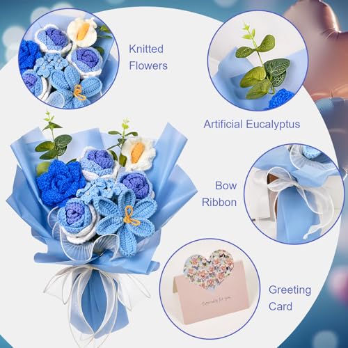 Crochet Flowers Bouquet, Knitted Rose Tulip Calla Lily Flowers Bouquet for Mother's Day, Father's Day, Birthday, Graduation, Home Décor, Gifts for Mom, Dad, Lovers, Friends, Blue - color: Blue