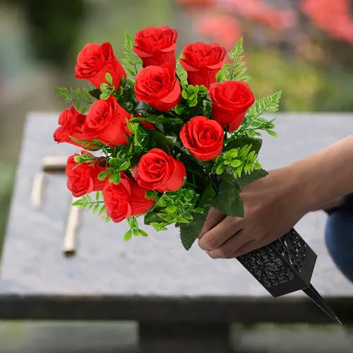 Artificial Cemetery Flowers, Grave Memorial Flowers, Set of 2 Artificial Rose Bouquet with Vase for Cemetery Headstones Gravesites Decoration (Red) - color: Red