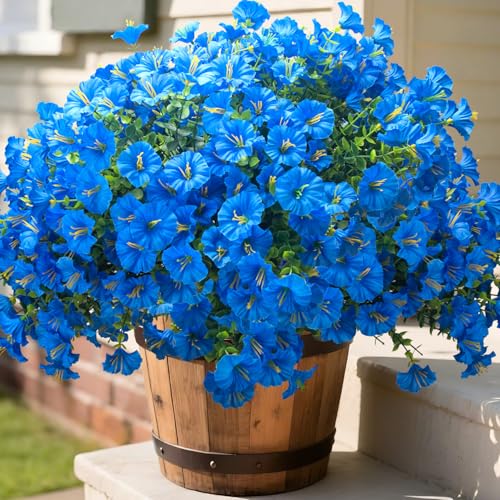Grunyia UV Resistant Artificial Morning Glory Flowers - 16 Bundles Blue Faux Plastic Fake Plants with Eucalyptus for Outdoor Indoor Porch Patio Planter Window Box Garden Home Decor - color: Blue