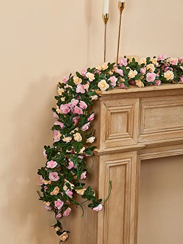 PARTY JOY 8pcs 65.6Ft Flower Garland, Fake Rose Vine Artificial Flowers Hanging Rose Ivy Garland for Room Wall Decor Hanging Baskets Wedding Arch Garden Background Decor - color: 8pc-pink-gold Champagne, size: 8PC