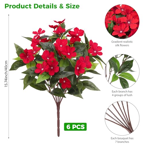 Ouddy Decor 6 Bundles Artificial Flowers for Outdoors Decorations, Fake Silk Flowers Faux Plants Plastic Bouquet UV Resistant for Porch Garden Wedding Spring Summer Indoor Outside Home Decor, Red - color: Red
