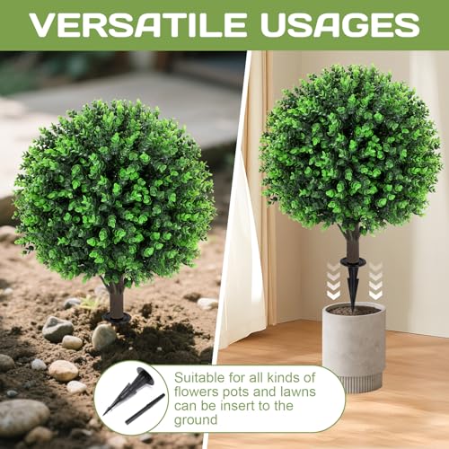 Artificial Green Eucalyptus Topiary Ball Tree 24" with Ground Spike, Set of 2 Artificial Boxwood Bushes for Faux Shrubs, Fake Evergreen Faux Plant for Indoor Outdoor Garden -UV Resistant–Fade-Proof - color: Green Eucalyptus