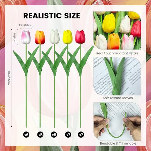 30 PCS Artificial Tulips Real Touch Tulips 13.5inch Long Stem Fake Flowers Silk Flowers for Spring Easter Mother's Day Decorations (MixedColor) - color: Multi Color