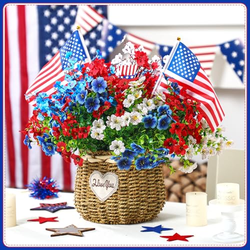 Giegxin 24 Pcs Red Blue White Patriotic Artificial Flowers 4th of July 250th Anniversary Table Centerpieces Decor Fake Baby's Breath Pick Stems Memorial Day for Veterans Home Gypsophila Outdoor Decor
