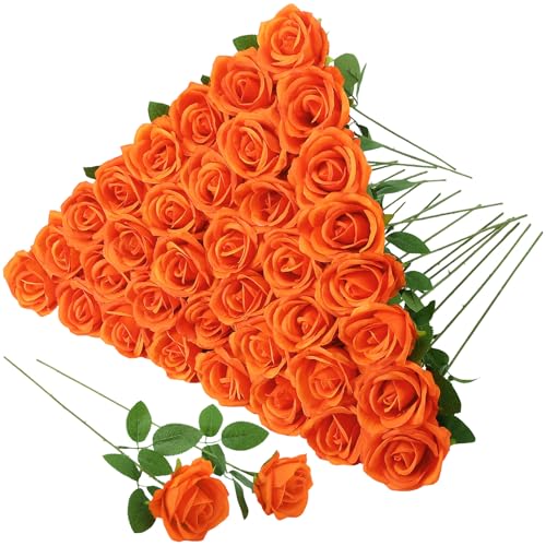 36 Pcs Orange Artificial Roses with Long Stems, Fake Silk Rose Artificial Flowers Bulk for Bridal Wedding Bouquet Centerpiece Ball Arrangement Party Decor - color: Orange