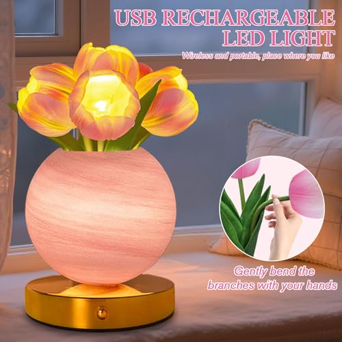 Tulip Table Lamp, Rechargeable Cordless Touch Dimming Artificial Tulip Flower Desk Lamp, LED Flower Bedside Night Light Romantic Gifts for Girl Women Mom (Pink Tulip) - color: Pink Tulip
