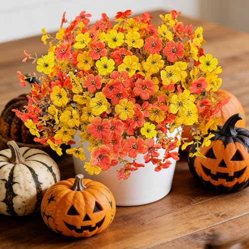 Artificial Flowers for Outdoor Indoor Decoration, Faux Flower Daisy with Eucalyptus Leaves Fake Plants Dried Flower Greenery Boxwood Porch Patio, 12 Bundles (Orange Yellow Fall) - color: Orange Yellow Fall