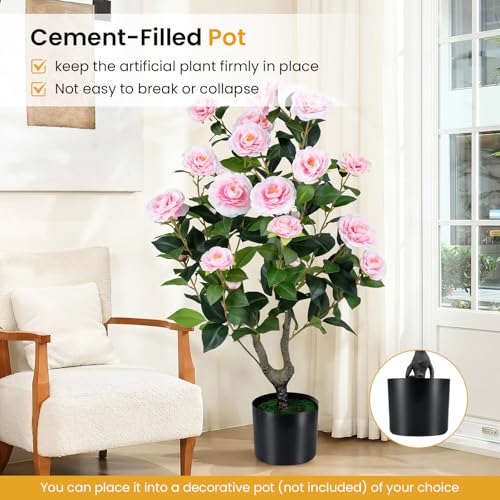 Goplus 35.5’’ Artificial Camellia Tree, Flower Plants Artificial Tree, Faux Floral Plant Blooming Tree in Cement Pot, Greenery Potted Plant for Indoor Outdoor Office Home Porch Decor - color: Pink, size: 2ft 11in