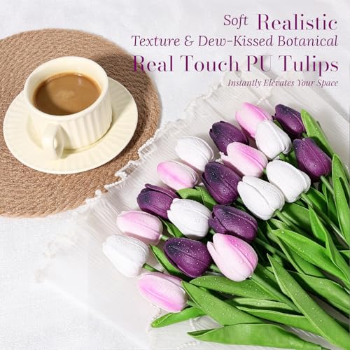 Beferr 18pcs Tulips Artificial Flowers Faux Tulip Real Touch Tulip Fake Flowers Bouquets Arrangements for Mothers Day Spring Easter Wedding Home Table Decor Blue - color: F-18pcs-3colors-mix Purple, size: 18PCS