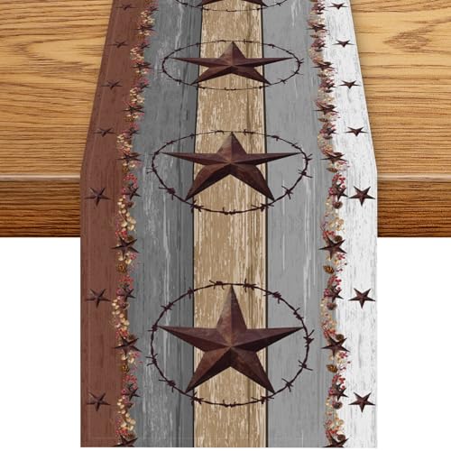 Western Texas Table Runner, Rustic Farmhouse Brown Wooden Plank Cowboy Star Country Barn Coffee Table Center Decor for Family Kitchen Outdoor Farmhouse Holiday Party Table Decorations, 13"x36" - color: Texas-6, size: 13“ X 36"