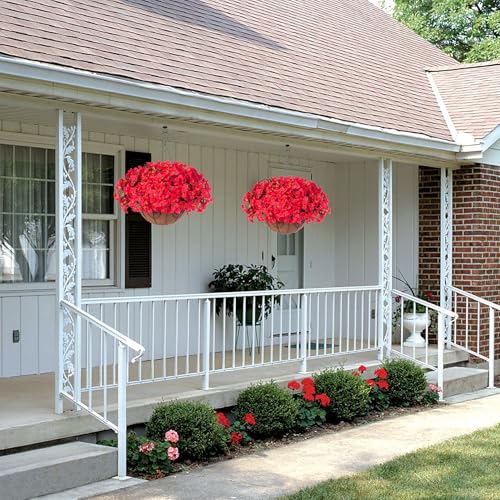 Artificial Fake Hanging Flowers for Outdoors Basket Spring Decor, Bougainvillea Faux Hanging Plants Outdoor Silk Flower in Planter Look Real UV Resistant for Outside Porch Patio Garden Yard Home, Red - color: Red-new