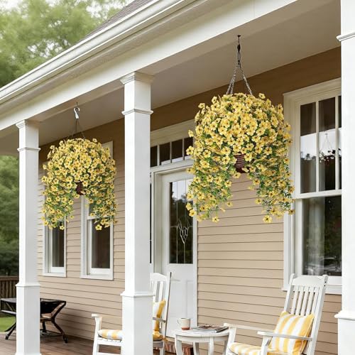 GLIDLION 8 PCS Artificial Morning Glory & Eucalyptus for Outside, Realistic Sun Resistant Fake Silk Hang Flower Faux Eucalyptus Leave for Patio Farmhouse Garden Porches Balcony Decor (Yellow) - color: Yellow