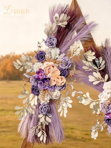 Lisuun Wedding Arch Flowers, Artificial Flowers for Decoration, Large Flower Swag for Boho Styles Wedding Ceremony Floral Decor - Pack of 2 - color: Purple Champagne Pampas