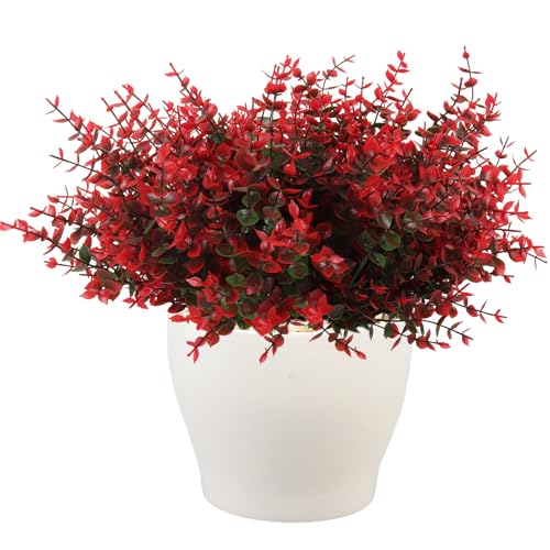 RECUTMS Fake Outdoor Flowers Artificial Spring Plants No Fade Faux Plants Plastic Greenery Fake Eucalyptus Faux boxwoods for Outdoor Planters Kitchen Office Wedding Home Garden Decoration(Red) - color: Red Eucalyptus, size: 12 Pcs