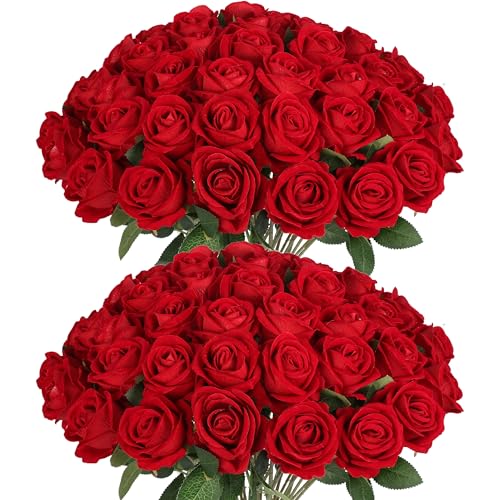 50 PCS Fake Red Roses, Artificial Red Flowers Bulk Realistic Silk Faux Rose with Stems for Wedding Decoration Anniversary Bridal Bouquet DIY Floral Arrangement Romantic Home Decor Gifts - color: Red, size: 50 Pcs