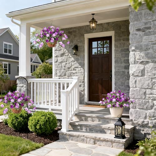 Ammyoo Artificial Hanging Flowers for Outdoors Hanging Baskets, 3 Pcs Fake Silk Flower with Hanging Baskets Planter for Spring Summer Garden Porch Patio Yard Outside Decor - color: X-deep-purple Light-purple Lotus With Basket