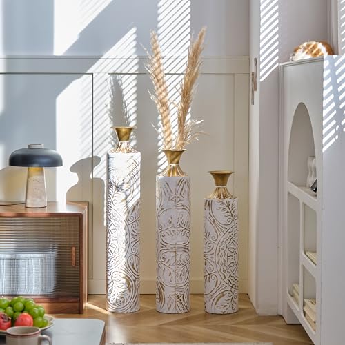 Floor Vases, Tall Home Decor Metal Vase Set of 3 Large Glazed Decorative Vases for Wedding Decor, Elegant Modern Flower Holder for Living Room, Entryway, Hallway - color: Ivory Vine Gold