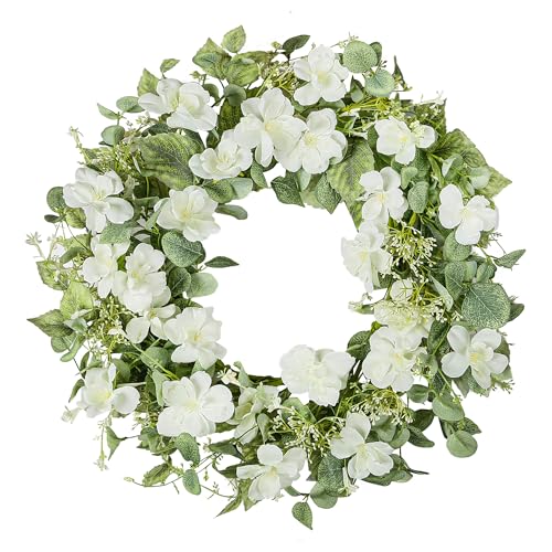 YNYLCHMX 20" Spring Summer Wreaths for Front Door, Artificial Floral Wreath with White Rose Flowers Green Eucalyptus Leaves, Green Foliage Wreath for Wall Window Farmhouse Party Holiday Home Decor - color: Rose