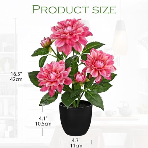 Artificial Plants & Flowers in Pot Rose Pink Dahlia Artificial Flowers Potted Plant Faux Silk Flower with Pot Fake Flower for Home Bathroom Table Centerpieces Wedding Shelf Desk Decor 16.5 Inch - color: Red-16.5