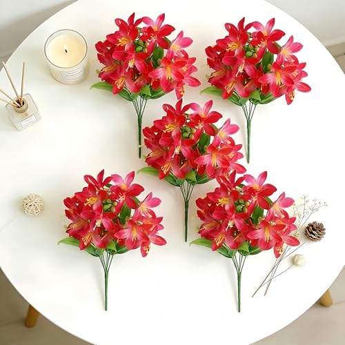 5PCS Rose Red Artificial Lilies Fake Lily Flowers, 18 Heads Bouquet Home Decor Easter Spring Wedding Centerpieces Indoor Outdoor Faux Floral Arrangements, Mother's Day Valentine's Day Gift