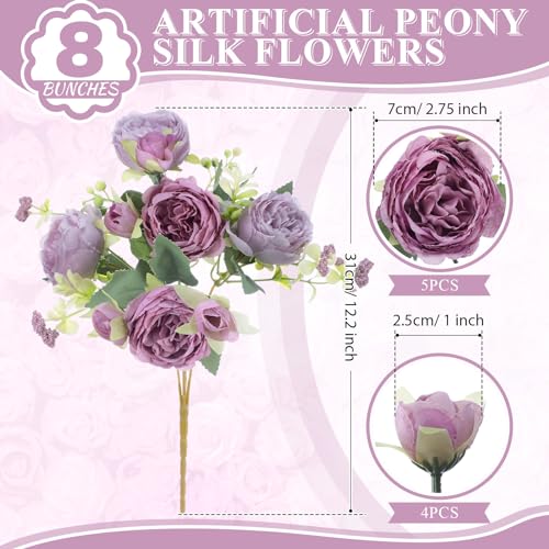 8 Bundles Artificial Peonies Flowers Boho Faux Flowers Arrangements Artificial Centerpiece Spring Bouquet Floral Wedding Decoration for Vase(Purple) - color: Purple Series
