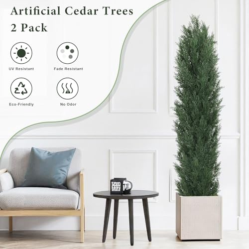 THE BLOOM TIMES 6ft Large Topiary Trees Artificial Outdoor Set of 2, UV Resistant Faux Cedar Pine Cypress Bushes & Shrubs, Fake Plants for Front Porch Outside Planter Patio Decor 6 Foot Tall - color: Dark Green Cedar Trees, size: 6 Foot